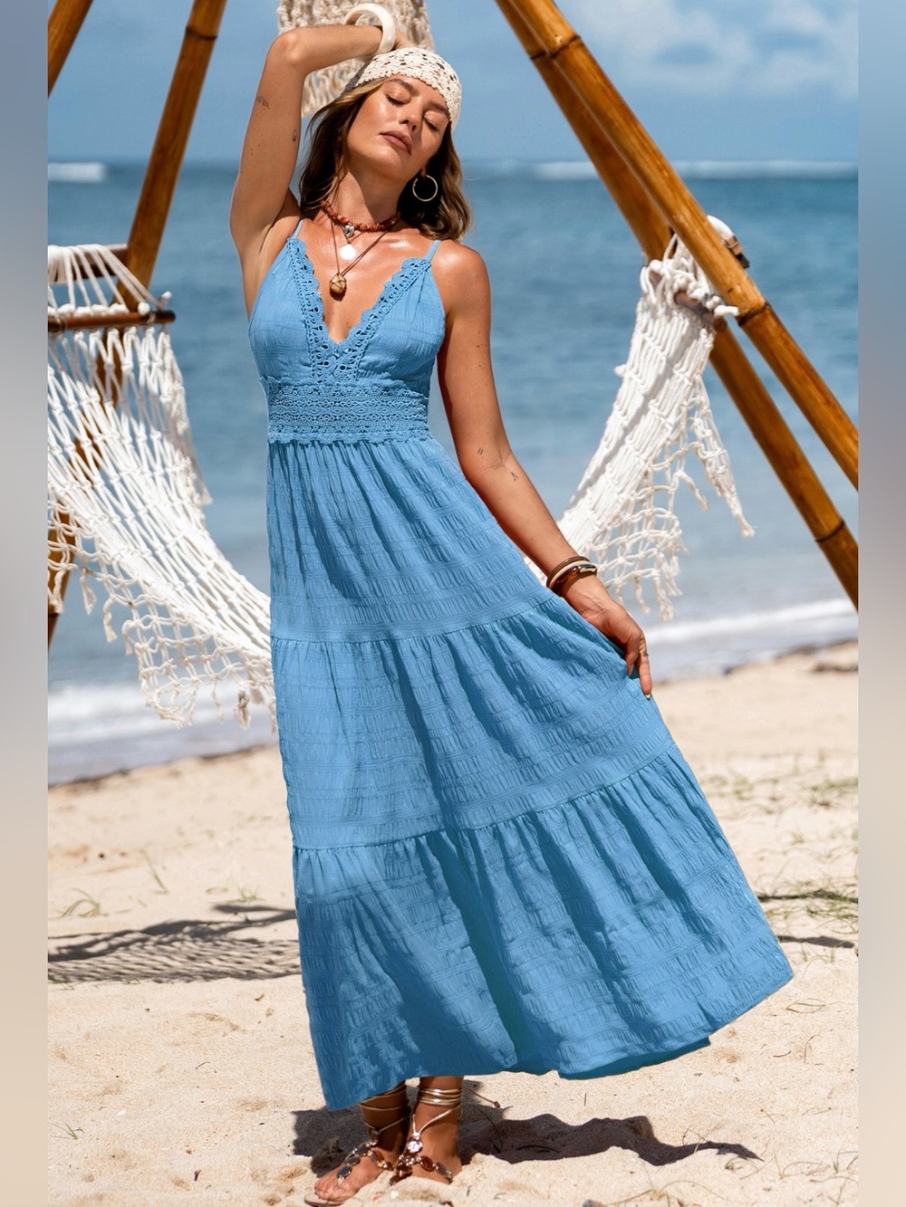 Blue Crochet Appliqué Trim Spaghetti Strap Cut-Out Back Maxi Dress